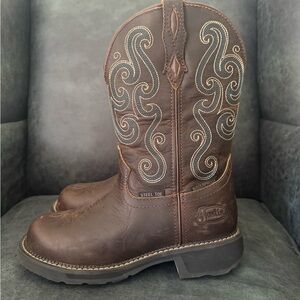 Justin’s Original Brown Leather steel toed boots with Western Stitching